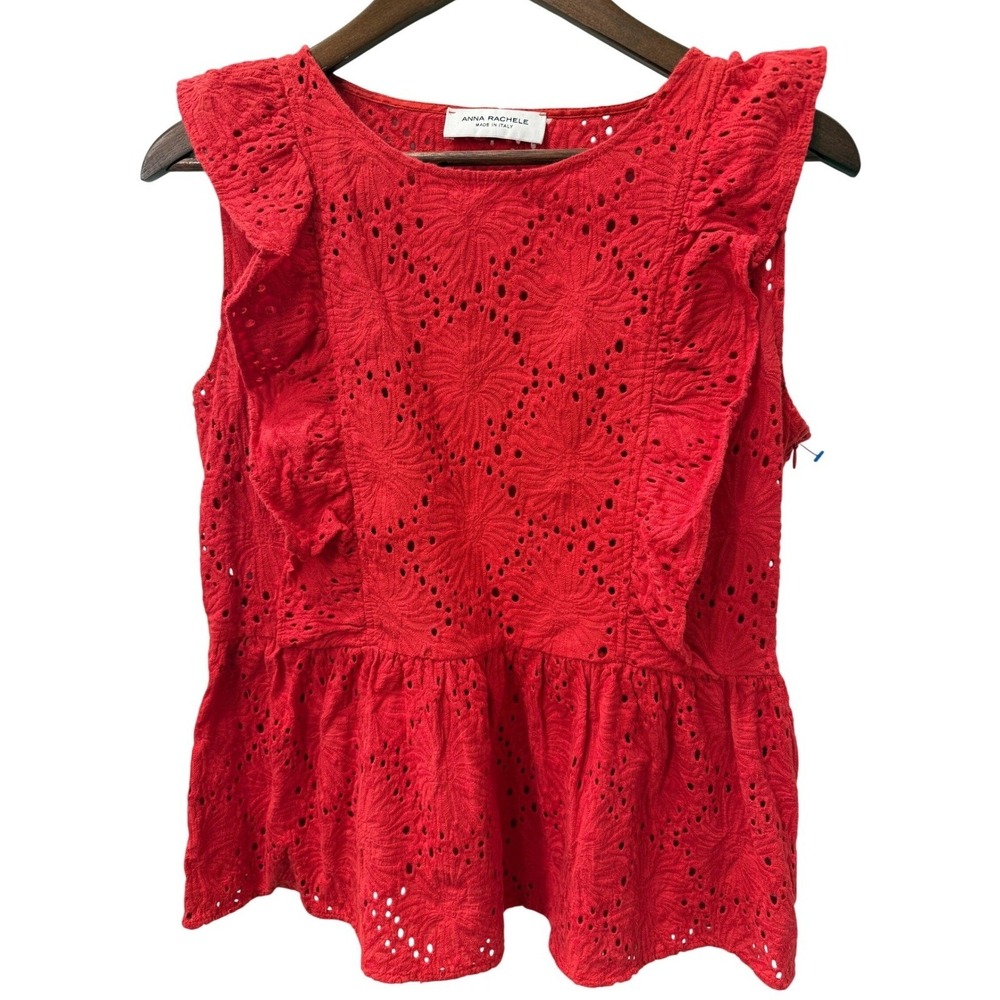 Anna Rachele Eyelet Peplum Blouse Red Ruffle Cotton Italy Size L Top Romantic